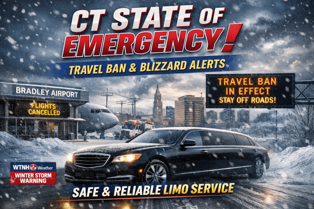 CT State of Emergency during blizzard with travel ban in effect near Bradley Airport and safe limo service operating in Connecticut snowstorm.