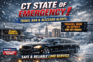 CT State of Emergency during blizzard with travel ban in effect near Bradley Airport and safe limo service operating in Connecticut snowstorm.