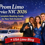 Prom Limo Service NYC 2026 — Students in formal wear with white stretch limousine and New York City skyline