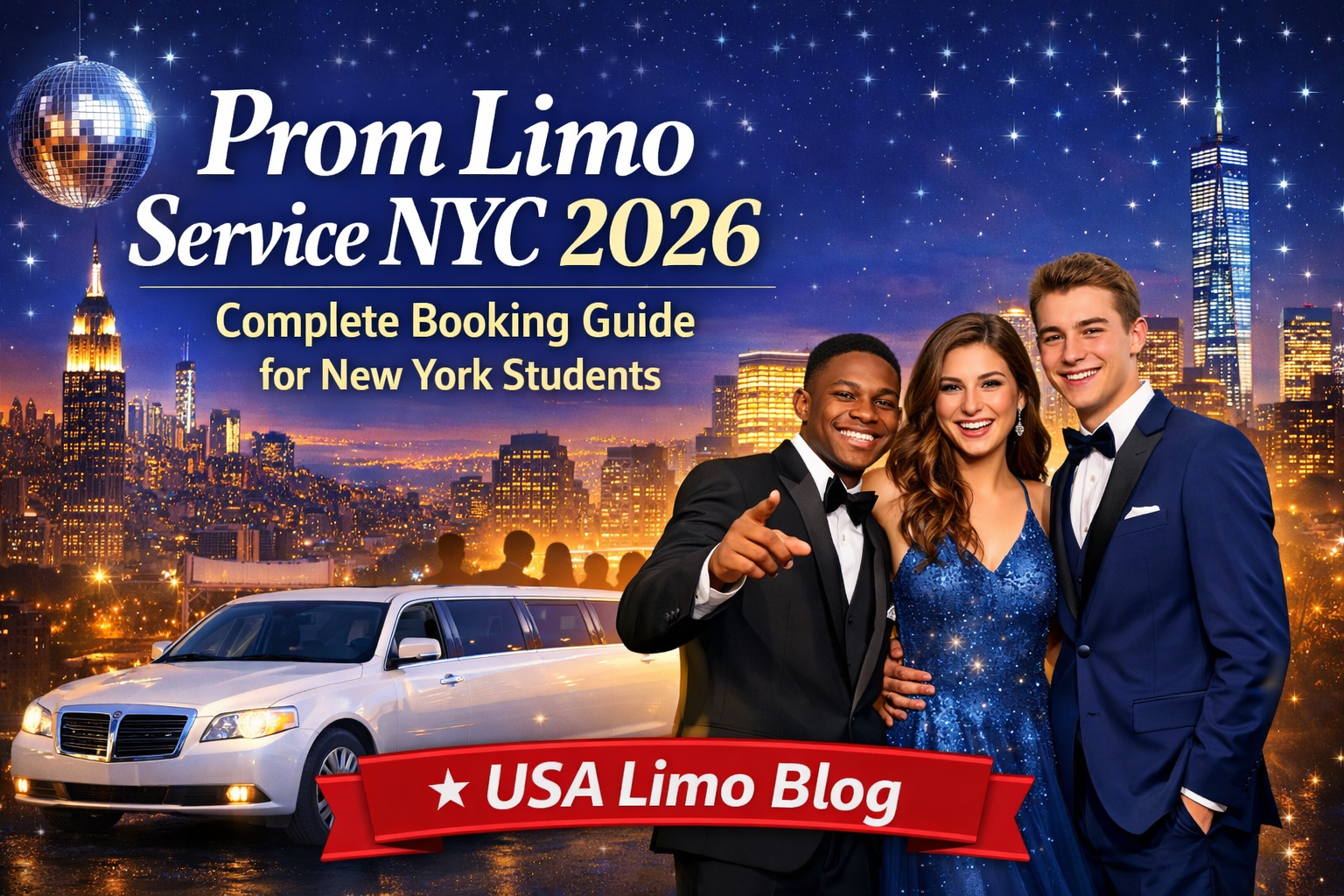Prom Limo Service NYC 2026 — Students in formal wear with white stretch limousine and New York City skyline